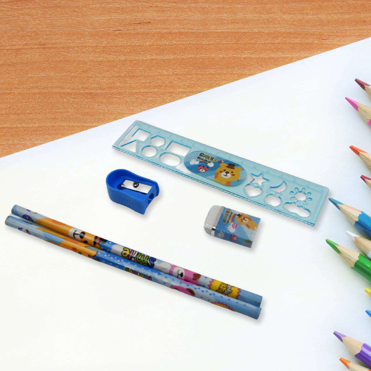 17578 Stationery Kit For Kids - Stationery Set Includes Wooden Pencil Sharpener Pencil And Eraser Set Birthday Return Gift For Kids Boys Girls 2 Pencil 1 Scale 1 Notebook1 Sharpener 1 Eraser With Zip Bag (6 Pcs Set)
