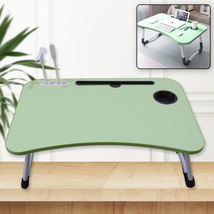 MultiPurpose Study Table Foldable Portable Notebook Bed Lap Desk Tray Stand Reading Holder with Coffee Cup Slot, Drawer, Fan, USB Cable & Light for Breakfast, Reading & Movie Watching (1 Pc Mix Color) - Image 3