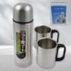 Double Wall Stainless Steel Thermos Flask 500ml Vacuum Insulated Gift Set with Two Cups Hot & Cold, Stainless Steel, Diwali Gifts for Employees, Corporate Gift Item (3 Pcs Set)