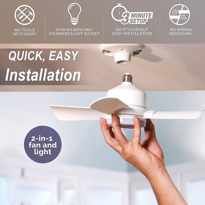 Socket Fan Light Original - Cool Light LED – Ceiling Fans with Lights and Remote Control, Replacement for Lightbulb - Bedroom, Kitchen, Living Room,1000 Lumens / 5000 Kelvins Cool LEDs (Remote Battery Not Included) - Image 4