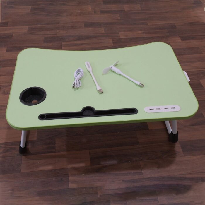 MultiPurpose Study Table Foldable Portable Notebook Bed Lap Desk Tray Stand Reading Holder with Coffee Cup Slot, Drawer, Fan, USB Cable & Light for Breakfast, Reading & Movie Watching (1 Pc Mix Color) - Image 6