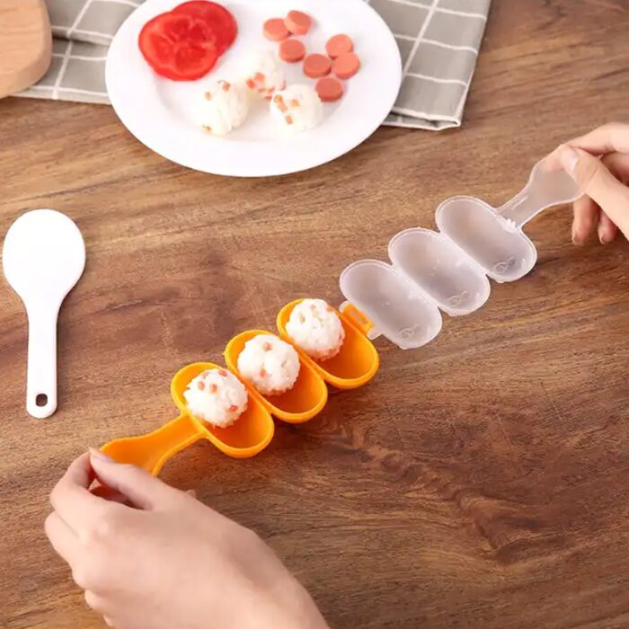 Rice Ball Mold Shaker Sushi Roll Maker 3 Compartment Kitchen Tools for Kids Shake DIY Lunch with a Mini Rice Paddle for Home Party Meal Make, Kids DIY Lunch Maker Mold - Image 5