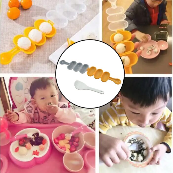 Rice Ball Mold Shaker Sushi Roll Maker 3 Compartment Kitchen Tools for Kids Shake DIY Lunch with a Mini Rice Paddle for Home Party Meal Make, Kids DIY Lunch Maker Mold - Image 6
