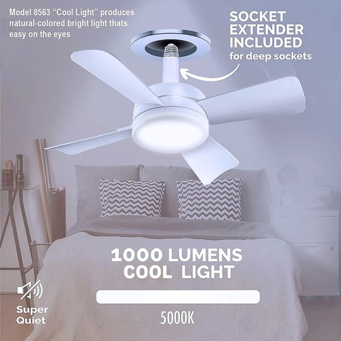 Socket Fan Light Original - Cool Light LED – Ceiling Fans with Lights and Remote Control, Replacement for Lightbulb - Bedroom, Kitchen, Living Room,1000 Lumens / 5000 Kelvins Cool LEDs (Remote Battery Not Included) - Image 5