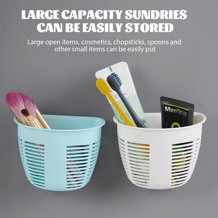 Hanging Plastic Storage Basket, Adhesive Wall Mounted Organizer Box Make Up Holder Shelf Bathroom Wall Basket Punch Free Drain Basket for Kitchen Bathroom, Wall Type Storage Basket (1 Pc) - Image 3