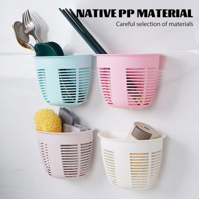 Hanging Plastic Storage Basket, Adhesive Wall Mounted Organizer Box Make Up Holder Shelf Bathroom Wall Basket Punch Free Drain Basket for Kitchen Bathroom, Wall Type Storage Basket (1 Pc) - Image 6