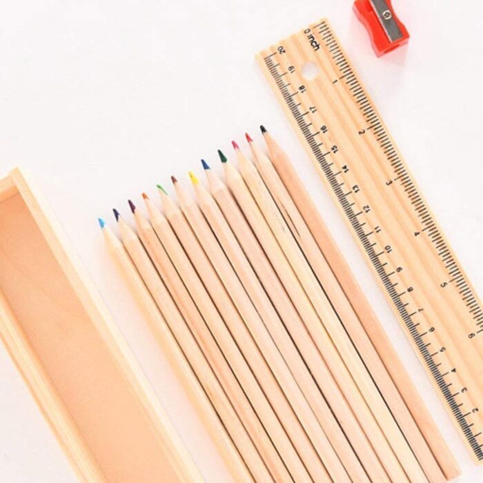 Colorful Wooden Pencil Set with Pencil box, Ruler, Sharpener For for Kids, Artist, Architect (12 Pcs Set) - Image 4
