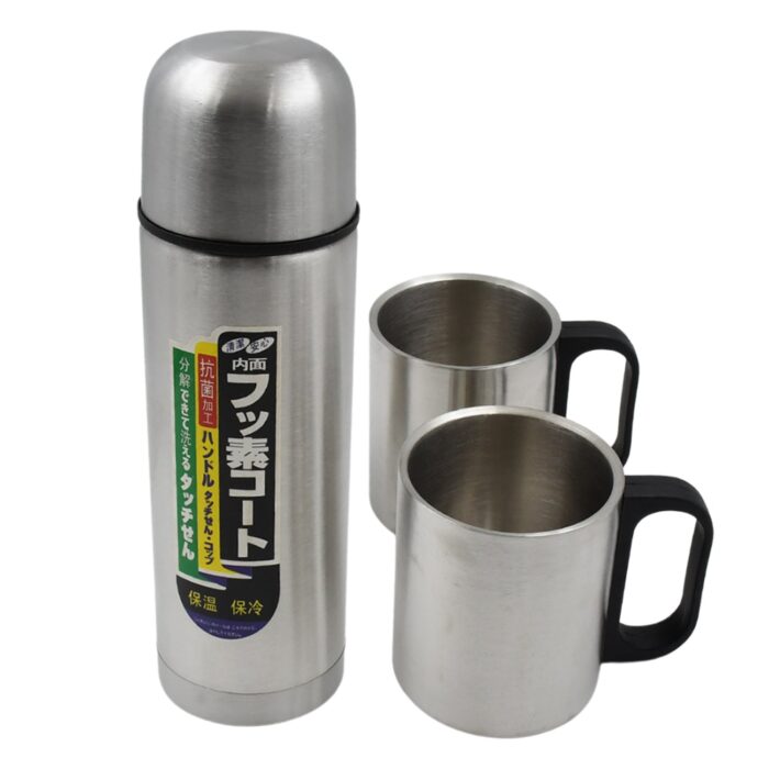 Double Wall Stainless Steel Thermos Flask 500ml Vacuum Insulated Gift Set with Two Cups Hot & Cold, Stainless Steel, Diwali Gifts for Employees, Corporate Gift Item (3 Pcs Set) - Image 4