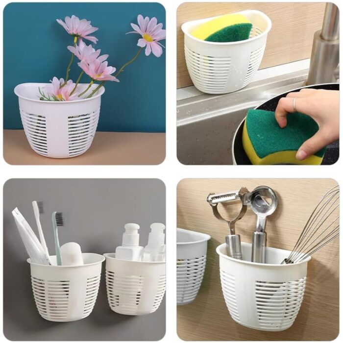 Hanging Plastic Storage Basket, Adhesive Wall Mounted Organizer Box Make Up Holder Shelf Bathroom Wall Basket Punch Free Drain Basket for Kitchen Bathroom, Wall Type Storage Basket (1 Pc) - Image 5