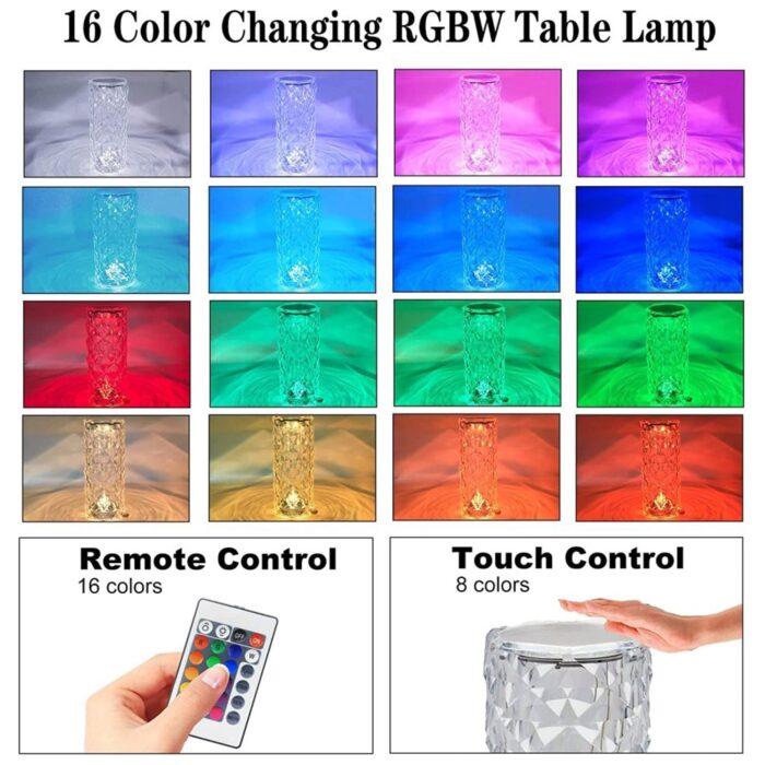 Crystal Touch Night Light (16 Colors) - Rose Diamond Table Lamp with Remote Control, USB Table Lamp, Romantic Date Lighting Decor for Festival, Bedroom, Dining Room - Image 7
