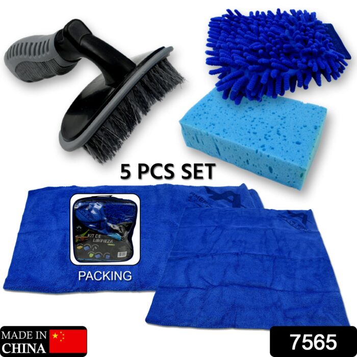 Car / Bike Cleaning Combo Microfiber Car Wash Sponge and Gloves, Automobile Cleaning Sponges, 2 Wash Towel, 1 Brush, 1 Sponge, 1 Gloves, Car Wash Cleaning Tools Kit (5 Pcs Set) - Image 2