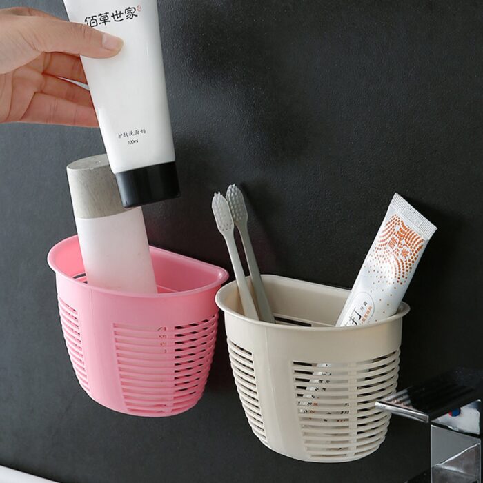 Hanging Plastic Storage Basket, Adhesive Wall Mounted Organizer Box Make Up Holder Shelf Bathroom Wall Basket Punch Free Drain Basket for Kitchen Bathroom, Wall Type Storage Basket (1 Pc) - Image 2