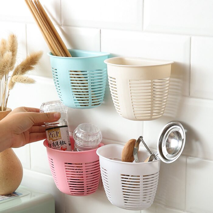 Hanging Plastic Storage Basket, Adhesive Wall Mounted Organizer Box Make Up Holder Shelf Bathroom Wall Basket Punch Free Drain Basket for Kitchen Bathroom, Wall Type Storage Basket (1 Pc) - Image 12