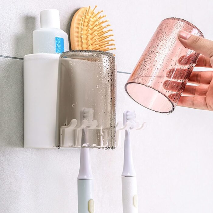 Wall Mount Toothbrush Holder with 2 Cups Automatic Toothpaste Holder Multi-Functional Kids Favorite Candy Toothbrush Holder Bathroom Accessories Organizer Rack - Image 6