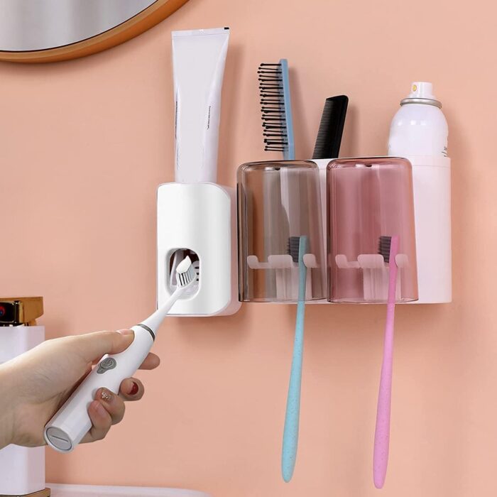 Wall Mount Toothbrush Holder with 2 Cups Automatic Toothpaste Holder Multi-Functional Kids Favorite Candy Toothbrush Holder Bathroom Accessories Organizer Rack - Image 5