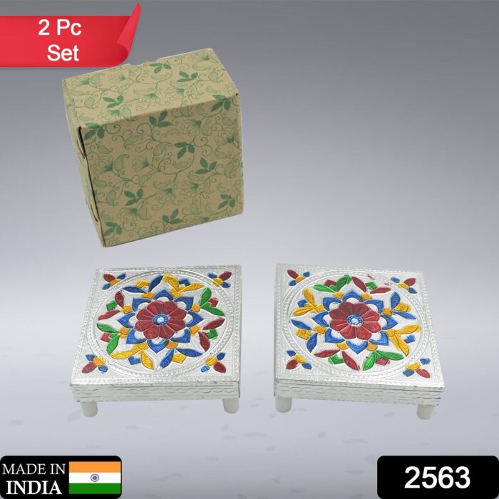 2 Pc Meenakari Wooden Chowki & Bajot Set: For Home & Office Puja (Multicolor) - Image 2