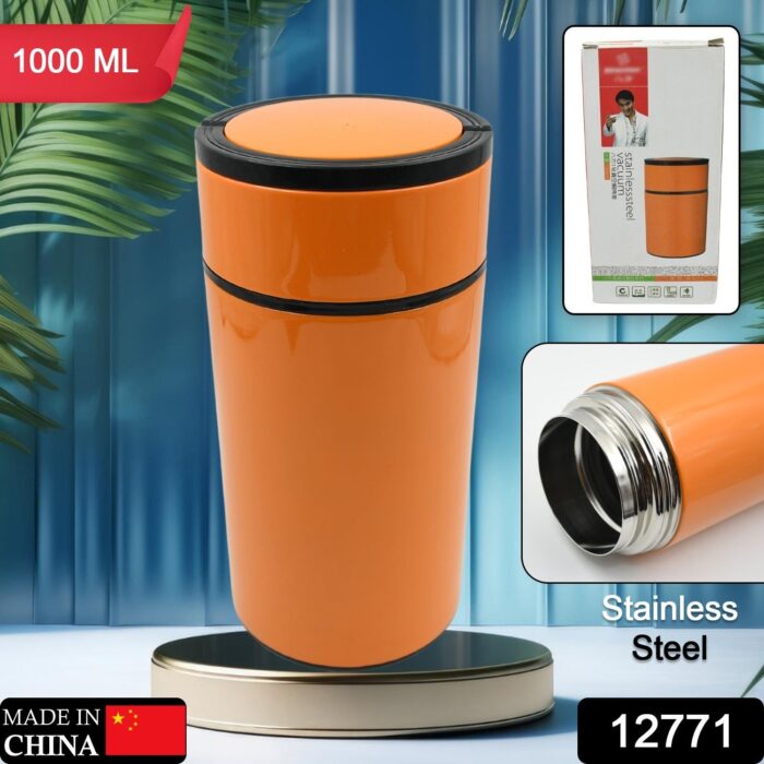 Stainless Steel Water Bottle With Foldable Spoon & Handle Easy to carry, Leak Proof, Rust Proof, Hot & Cold Drinks, Gym Sipper BPA Free Food Grade Quality, Steel fridge Bottle For office / Gym / School (1000 ML) - Image 2