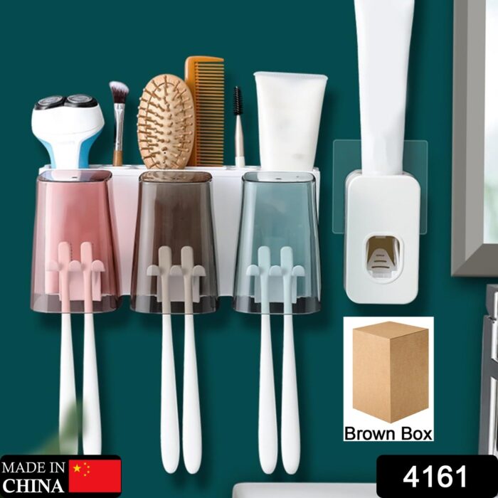 Wall Mount Toothbrush Holder with 3 Cups Automatic Toothpaste Holder Multi-Functional Kids Favorite Candy Toothbrush Holder Bathroom Accessories Organizer Rack - Image 2