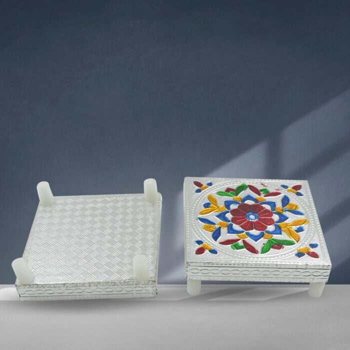 2 Pc Meenakari Wooden Chowki & Bajot Set: For Home & Office Puja (Multicolor) - Image 3