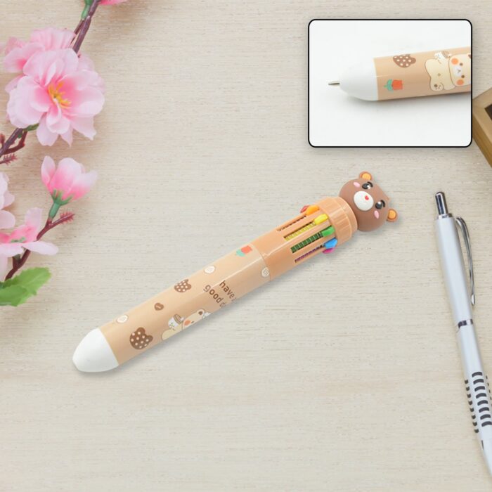 Kids 10-in-1 Color Pens Ballpoint Pen Set for Kids Cartoon Head Writing Pen for School Office Stationary Kit, Teddy Bear (1 Pc) - Image 3