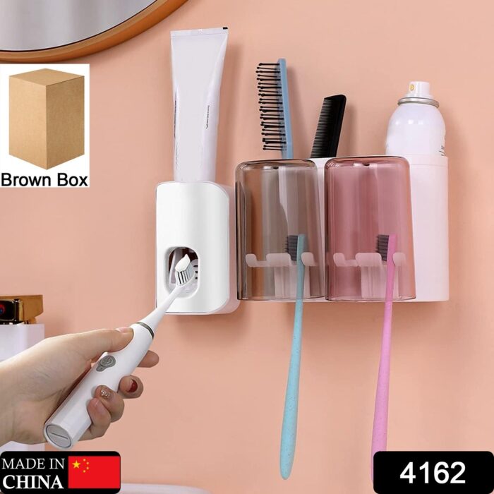 Wall Mount Toothbrush Holder with 2 Cups Automatic Toothpaste Holder Multi-Functional Kids Favorite Candy Toothbrush Holder Bathroom Accessories Organizer Rack - Image 2