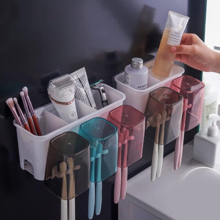 Wall Mount Toothbrush Holder with 3 Cups Automatic Toothpaste Holder Multi-Functional Kids Favorite Candy Toothbrush Holder Bathroom Accessories Organizer Rack - Image 4