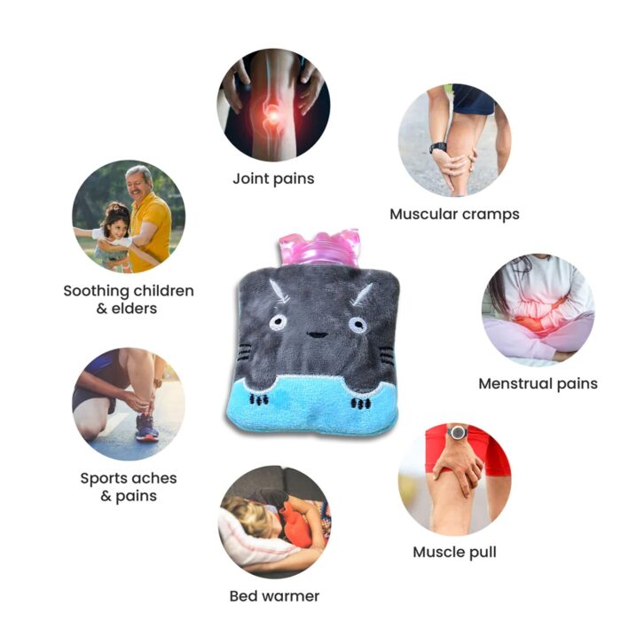 Grey Cat Print Small Hot Water Bag with Cover for Pain Relief - Image 4