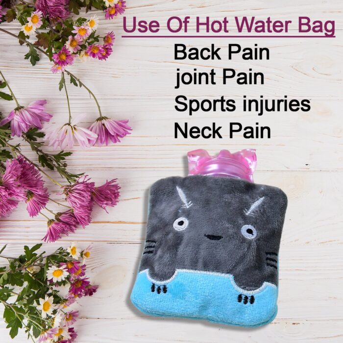 Grey Cat Print Small Hot Water Bag with Cover for Pain Relief - Image 3