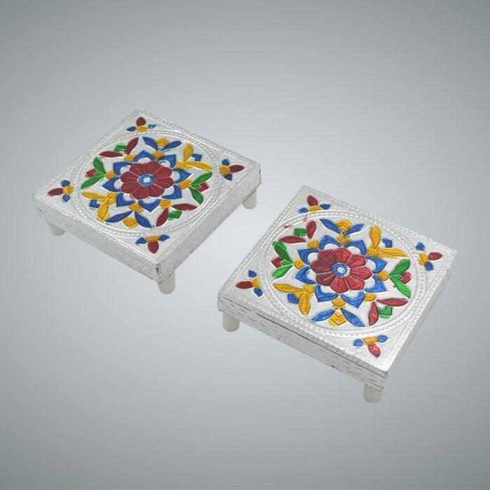 2 Pc Meenakari Wooden Chowki & Bajot Set: For Home & Office Puja (Multicolor) - Image 6