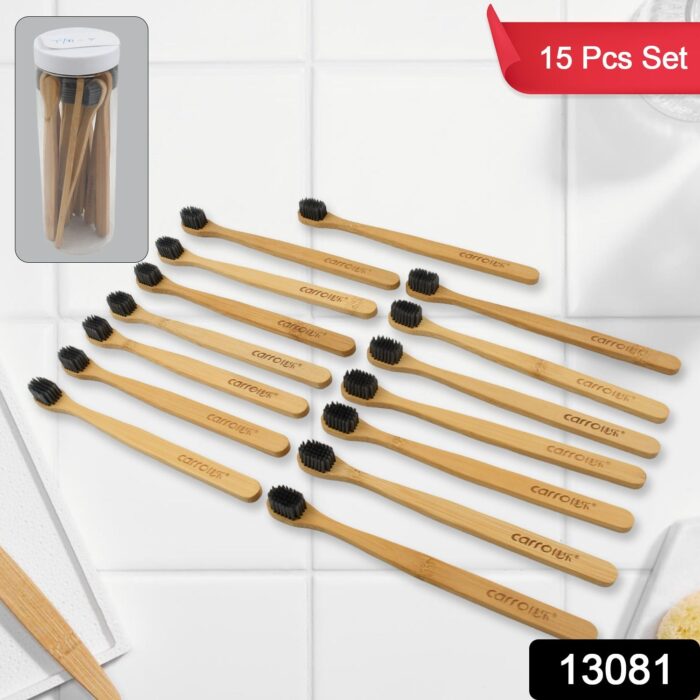 Bamboo Wooden Toothbrush Soft Toothbrush Wooden Child Bamboo Biodegradable Toothbrush, Manual Toothbrush for Adult, Kids (15 pcs set / With Round Box) - Image 2