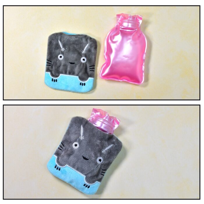 Grey Cat Print Small Hot Water Bag with Cover for Pain Relief - Image 5