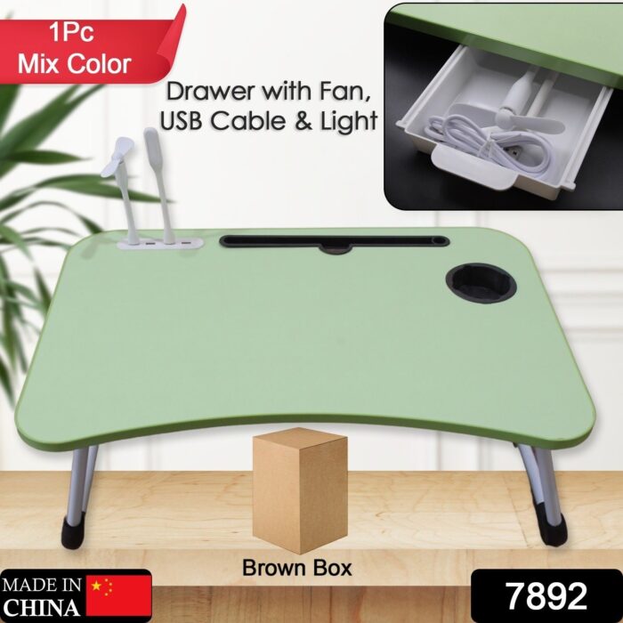 MultiPurpose Study Table Foldable Portable Notebook Bed Lap Desk Tray Stand Reading Holder with Coffee Cup Slot, Drawer, Fan, USB Cable & Light for Breakfast, Reading & Movie Watching (1 Pc Mix Color) - Image 2