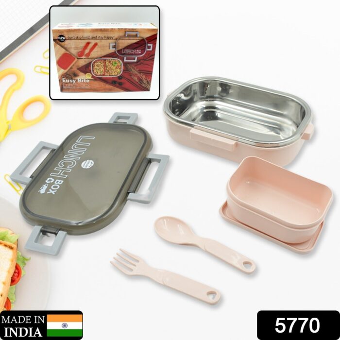 Stainless Steel & Heavy Plastic Material Lunch Box for Kids Air Tight, BPA Free, Easy to Clean, Tiffin Box for School Office College, Snack Box with Spoon and Fork (1 Pc) - Image 2