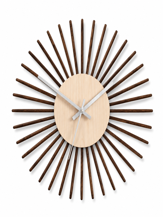 SHIU ultra modern starburst wall clock featuring dark wooden rays radiating from a light natural wood central face with silver hands.