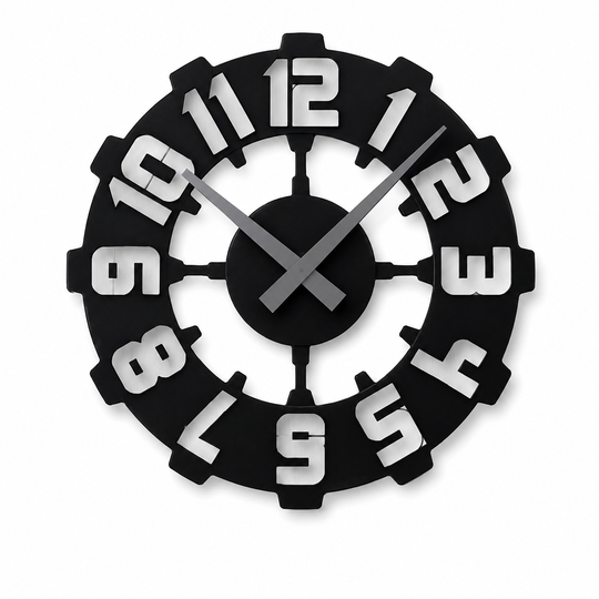 Large industrial-style black wall clock featuring a mechanical cog wheel shape with bold white stencil numbers and thick silver hands.