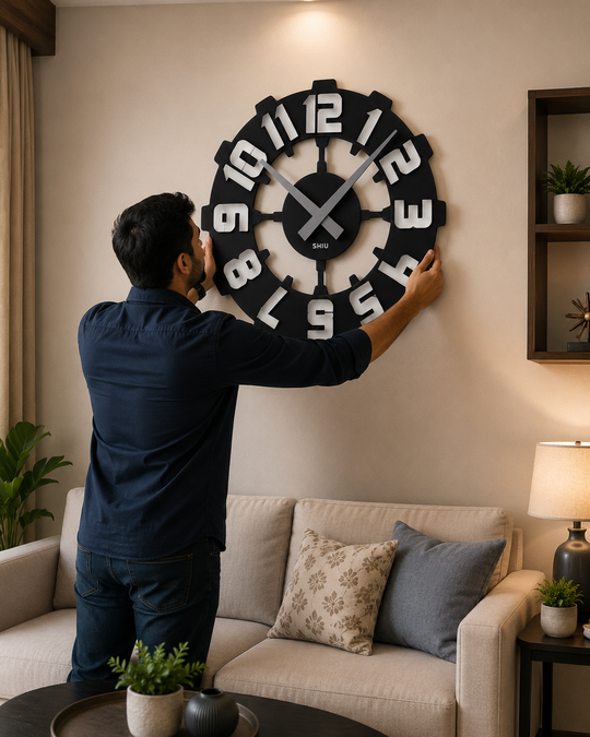 A man adjusting a large SHIU black industrial cog wall clock above a beige sofa to demonstrate scale and easy hanging.