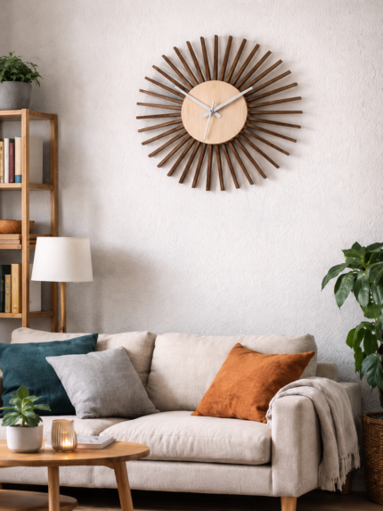 Mid-Century Parametric Sunburst Wooden Wall Clock | 3D Layered Looped Fin Petal Designer Timepiece
