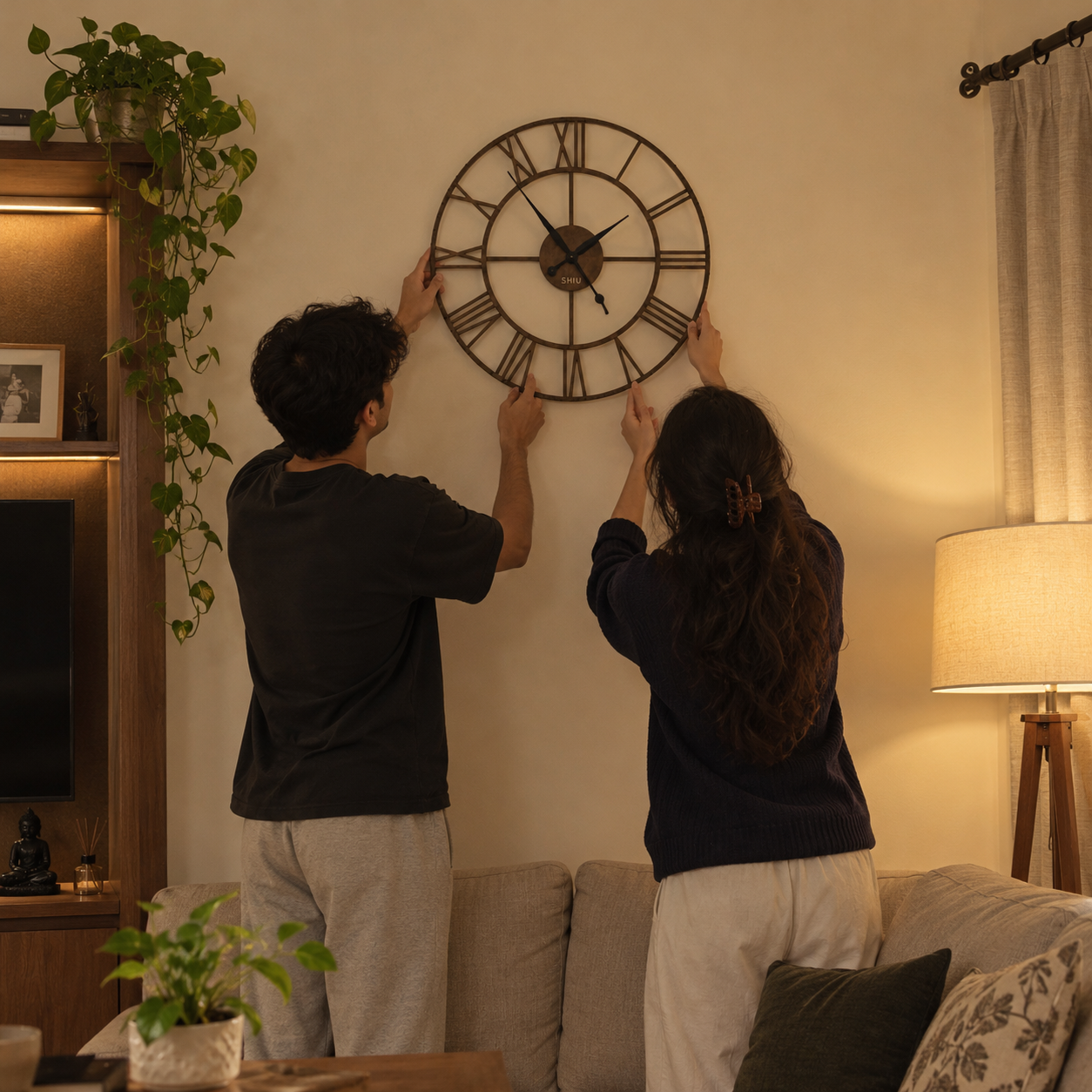 Couple Hanging a Rustic Wall Clock