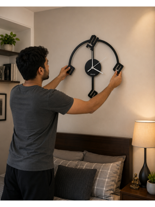 A man mounting the abstract SHIU matte black fancy clock on a neutral bedroom wall above a dark wood headboard.
