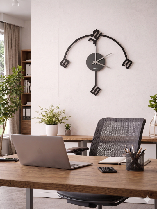 Abstract SHIU black designer clock styled on a white wall above a contemporary wooden office desk with a laptop and mesh chair.