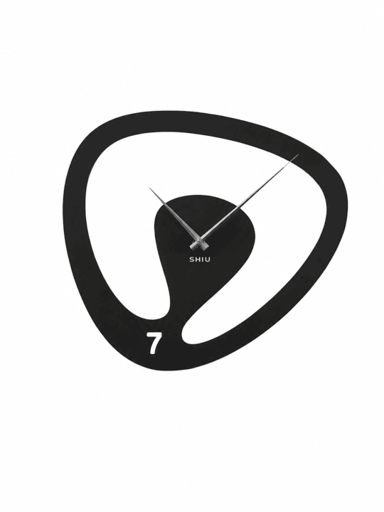 SHIU modern matte black wall clock featuring an abstract asymmetrical pebble-shaped outline with a teardrop center dial and a single white number 7.