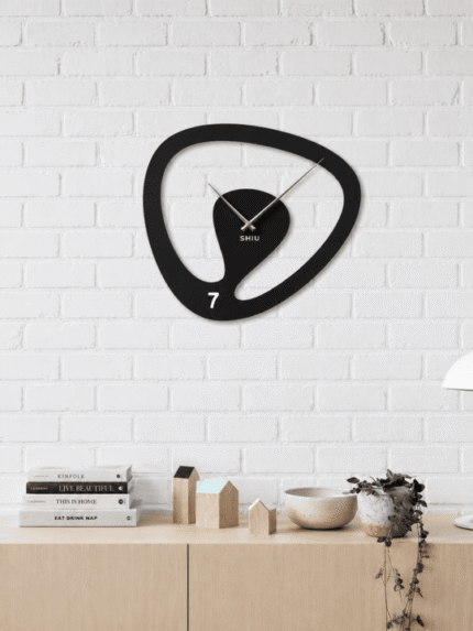 Asymmetric Biophilic Matte Black Wall Clock | Fluid Open-Loop Abstract Designer Timepiece for Living Room & Gallery Wall