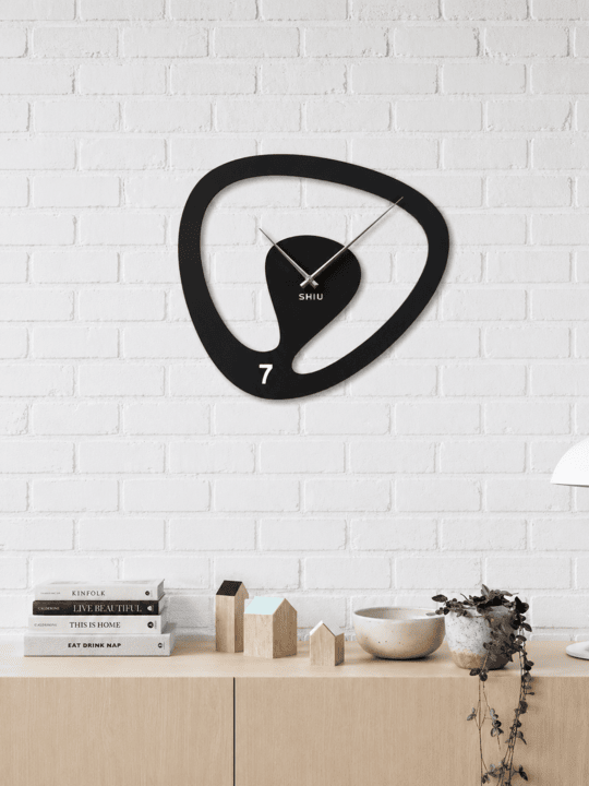 Asymmetric Biophilic Matte Black Wall Clock | Fluid Open-Loop Abstract Designer Timepiece for Living Room & Gallery Wall