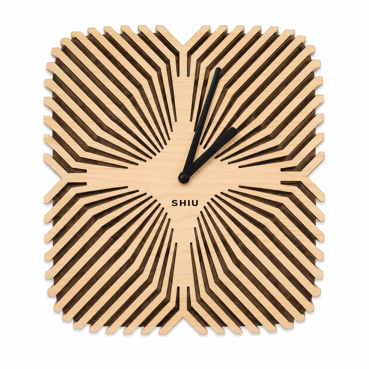 Front studio shot of the SHIU square wooden wall clock featuring an intricate laser-cut linear sunburst pattern, a diamond center dial, and black hands.