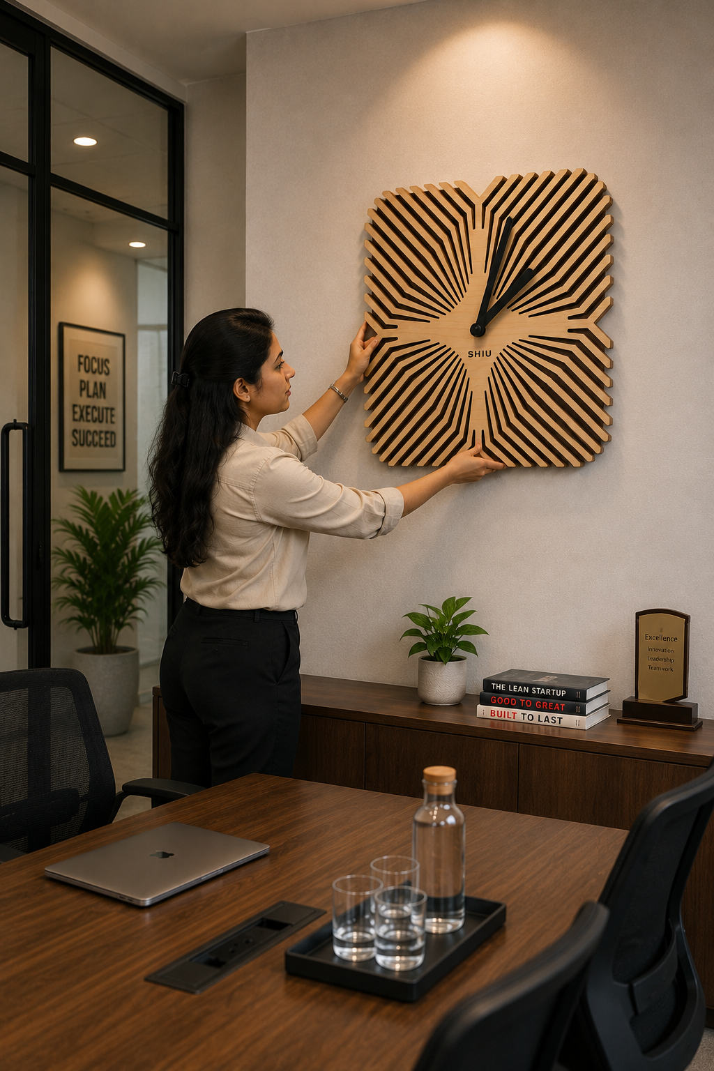 A woman mounting the large square SHIU wooden pattern clock onto a beige wall in a professional office conference room setup.