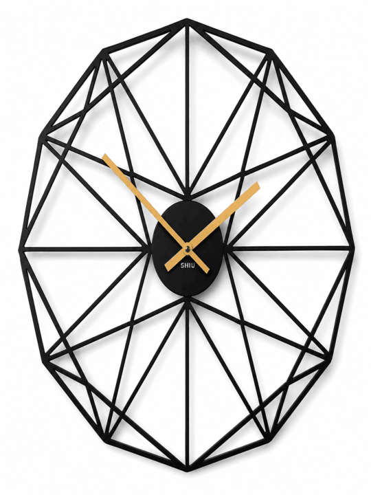 SHIU modern geometric wall clock featuring a multi-faceted matte black polygonal frame with a circular center dial and striking gold hands.