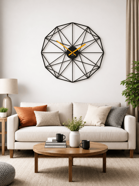 Large SHIU black polygon wall clock displayed as a contemporary centerpiece above a cream-colored sofa in a modern living room.