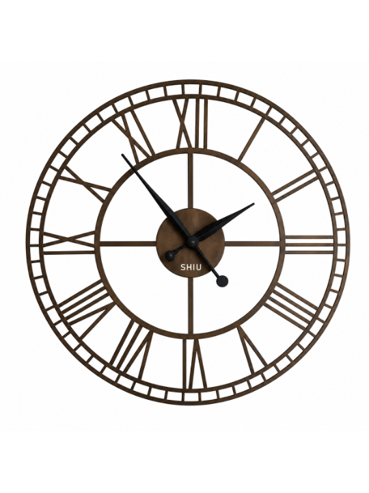 SHIU large circular skeleton wall clock featuring rustic bronze ironwork with classic Roman numerals and black hands.