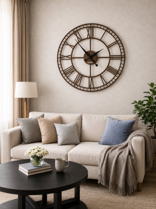 Oversized SHIU bronze Roman numeral clock serving as a statement piece over a modern beige sofa in a cozy living room.