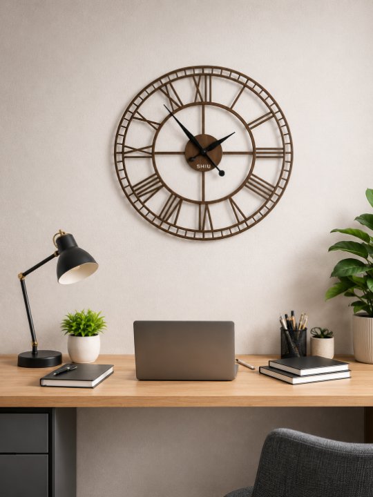 Minimalist home office workspace featuring the SHIU open-frame Roman wall clock mounted above a wooden desk with a laptop.